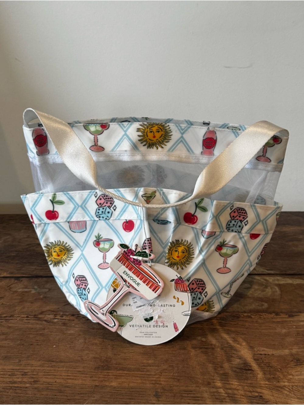 NWT Envogue Pink, White & Blue Cocktail Print Shower Caddy Tote